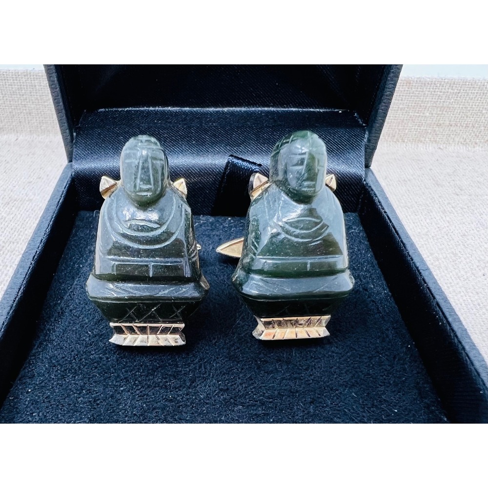 Vintage Swank Gold Tone Hand Carved Dark Green Jade Totem Figure Cufflinks